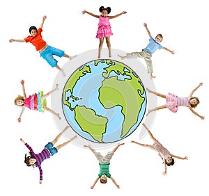 Children with Arms Raised and Earth Symbol