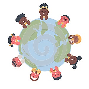 Children around the map of world. Multicultural group of kids. Happy baby boys and baby girls