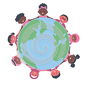 Children around the map of world. Multicultural group of kids. Happy baby girls and baby boys