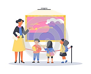 Children in art museum or gallery with guide, flat vector illustration isolated.