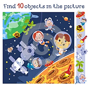 Children astronauts near space station and moon. Find 10 objects. Game for children. Cartoon character vector