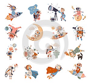 Children Astronauts in Spacesuit Exploring Outer Space Vector Set
