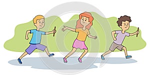Children athletes running competitive relay race