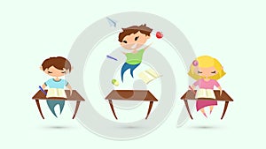 Children attention deficit hyperactivity disorder problem. Vector illustration of classroom. Children studying. Flat boys and photo