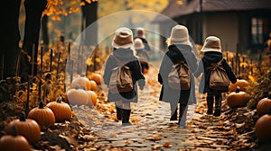 Children from the back walk along the path in costumes on Halloween.