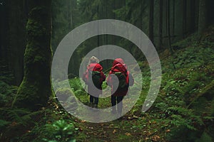 Children with backpacks walking through the forest, school camping trip in the forest