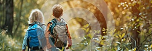 Children with backpacks walking through the forest, school camping trip in the forest