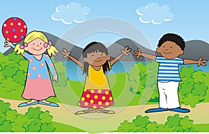 Children and ball, at background landscape, vector illustration