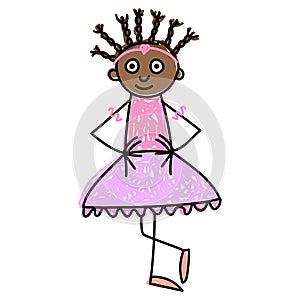 Children ballet classes. Dark skinned little ballerina in pink costume makes her exercises. Kids Drawing style