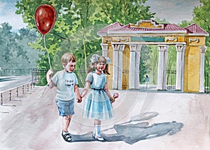 Children with balloon go summer illustration watercolor