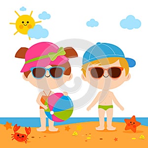 Children at the beach with hats and sunglasses. Vector illustration.