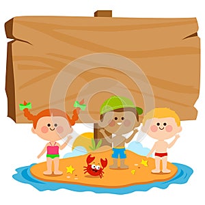 Children at the beach on a summer island and blank wooden sign. Vector illustration