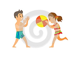 Children on Beach Throwing Ball, Boy and Girl