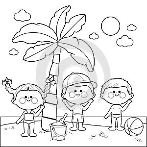 Children at the beach under a palm tree. Vector black and white coloring page.