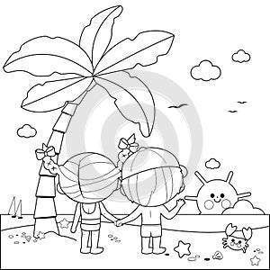 Children at the beach under a palm tree. Vector black and white coloring page.