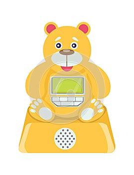 Children bear toy cell phone, educational child yellow plaything, concept kid plastic teddy flat vector illustration