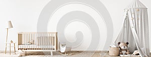Children bedroom design mock up with unisex natural wooden furniture, panorama photo