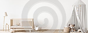 Children bedroom design mock up with unisex natural wooden furniture, panorama