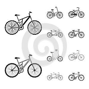 Children bicycle, a double tandem and other types.Different bicycles set collection icons in black,monochrome style