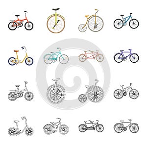 Children bicycle, a double tandem and other types.Different bicycles set collection icons in cartoon,outline style