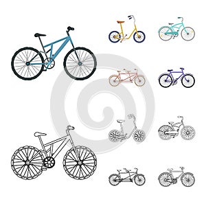 Children bicycle, a double tandem and other types.Different bicycles set collection icons in cartoon,outline style