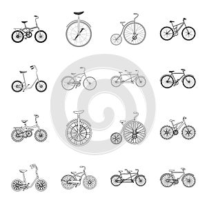 Children bicycle, a double tandem and other types.Different bicycles set collection icons in outline,monochrome style