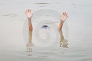 Children in big water pond : Concept drowning