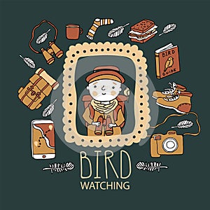 Children bird watching. Birding and ornithology concept