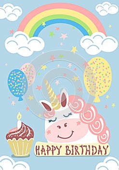 template children birthday greeting card with cute pretty unicorn, rainbow, balloons, cake, confetti and stars on blue background.