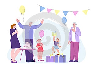 Children birthday party. Family celebrating anniversary girl. Little toddler with gift and balloon, cartoon flat sisters