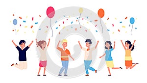 Children birthday party. Happy kids jumping, balloons and confetti. Cartoon child, dancing characters. Group of friends