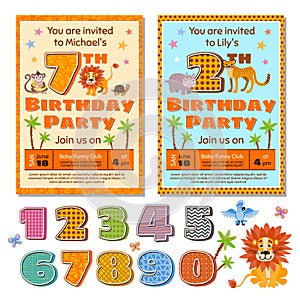 Children birthday party invitation card vector template with cute cartoon animals