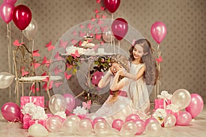 Children Birthday Party, Kid Girl Covering Eyes, Presents Balloons