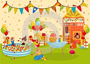 Children birthday party, kids playground, people vector illustration