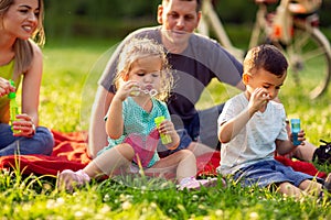 Children blow soap bubbles outdoor- Happy family in the park tog