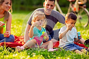 Children blow soap bubbles outdoor- Happy family in the park tog