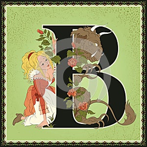 Children book cartoon fairytale alphabet. Letter B. Beauty and the Beast by Jeanne-Marie Leprince de Beaumont