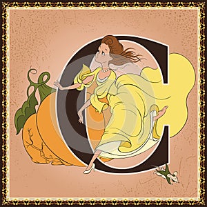 Children book cartoon fairytale alphabet. Letter C. Cinderella by Charles Perrault