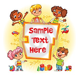 Children book cover. Kid pointing at a blank template