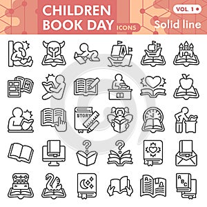 Children book day line icon set, book symbols collection or sketches. Celebration of Children book day linear style
