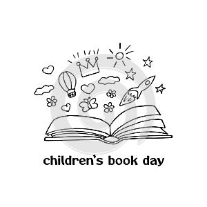 Children book day template card, poster, flyer, banner. open book, rocket, balloon, crown, heart, sun, stars. fantasy, fairy tale