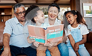 Children book, reading smile and grandparent helping kids with learning and story. House, living room and black family