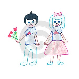 Children, boy with flowers in hands and girl. Children drawing.