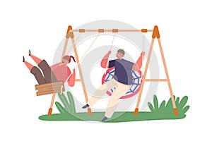 Children Boy And Girl Characters Joyfully Swinging On Swings, Laughing, And Experiencing Exhilarating Feeling Of Freedom