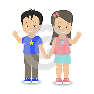 Children. Boy and girl holding hands and smiling. Vector