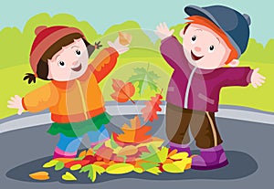 Children, boy and girl, play in the street in autumn and have fun throwing foliage into the air, cartoon illustration, vector