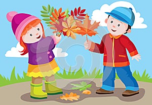 Children, boy and girl, play in the street in autumn and have fun throwing foliage into the air, cartoon illustration, vector