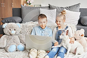 Children boy and girl playing on tabletand watching videos on laptop. Home schooler kids with dog, home schooling, home education