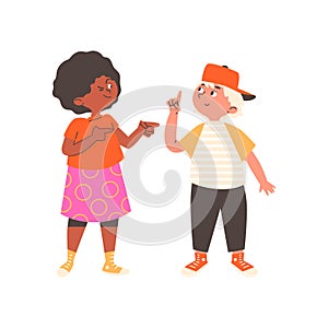 Children boy and girl point with fingers in different sides