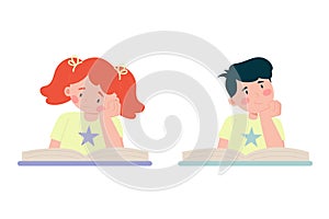 Children boy and girl reading a book and dreaming. Vector illustration